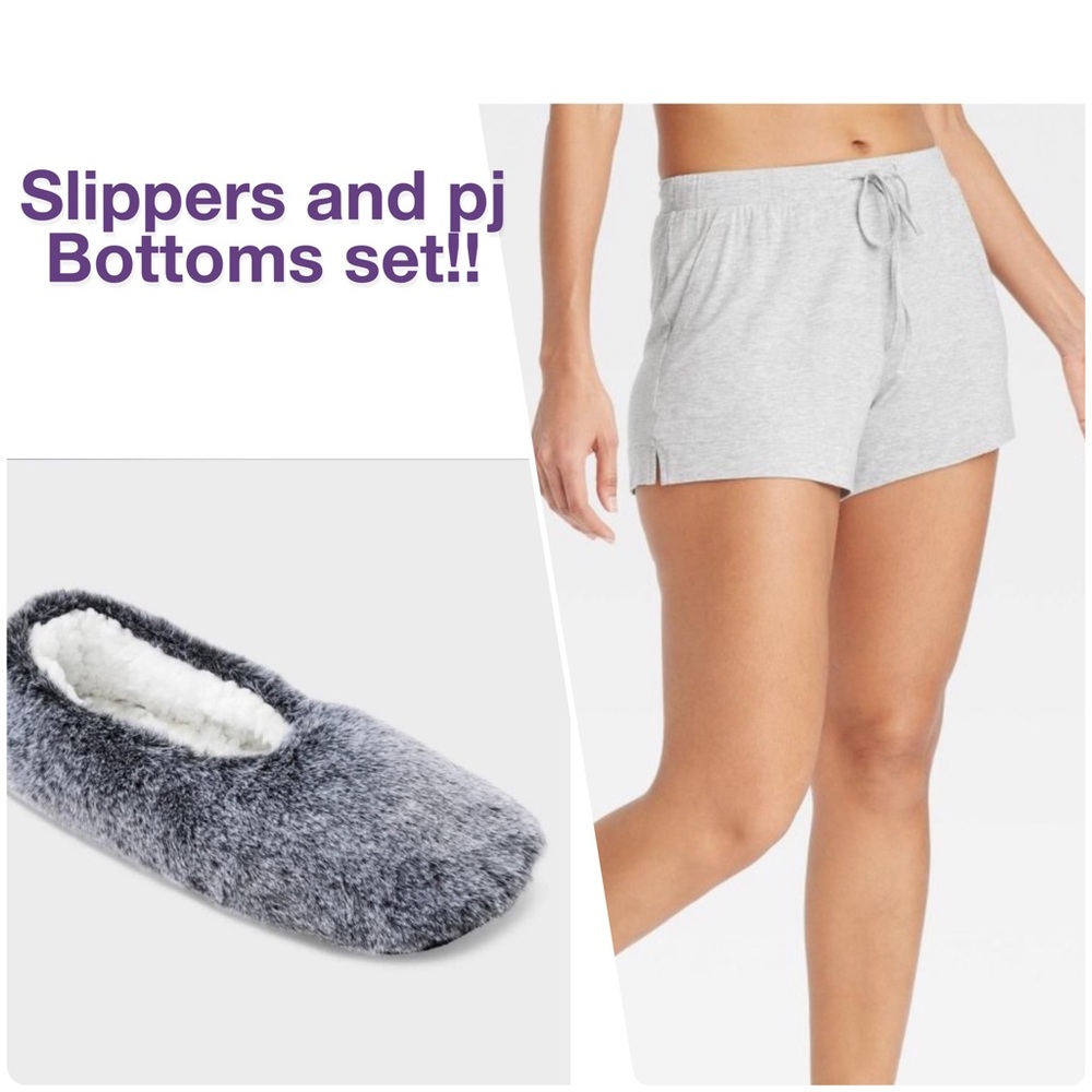 NWT Auden size M. Cozy Gray Faux Fur Slippers socks AND Gray PJ Shorts! Bundle!